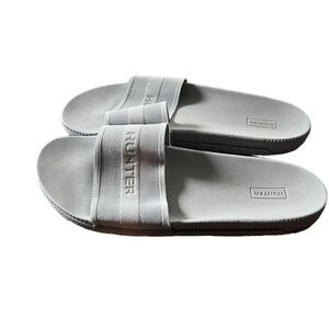 Hunter Womens White Slides Fabric Strap Logo Spellout Size 11 EU 42